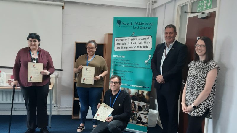 Left to right, Zephyr Boden, Laura Hamilton, Anthony Eadsforth, PCC Steve Turner and Andrea Atkinson, Volunteer Coordinator, are presented with their volunteer week certificates