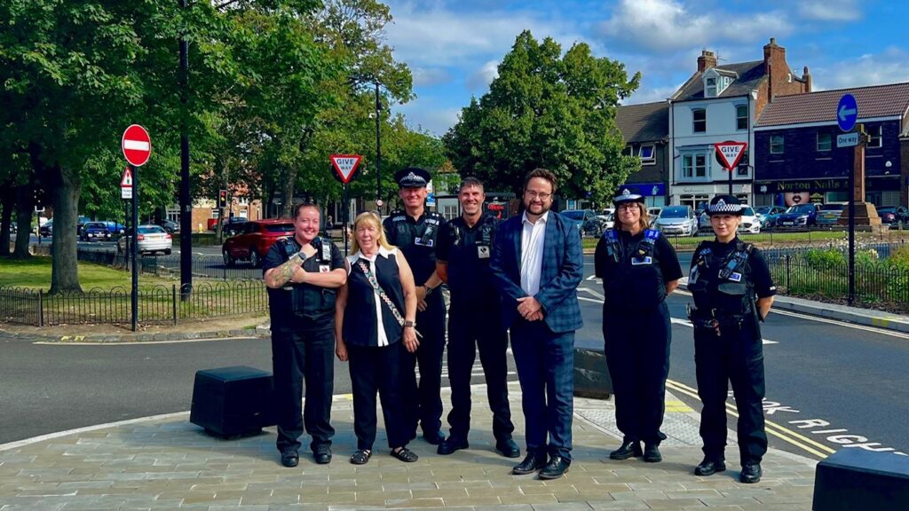 PCC Matt Storey, Prevention Inspector Phil Morris and Cllr Norma Stephenson with hotspot patrol officers from Cleveland Police and Stockton-on-Tees Borough Council on Norton High Street