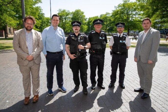 TOGETHER FOR THE TOWN CENTRE....Left to right, PCC Matt Storey, Tees Valley Mayor Ben Houchen, PC Jordan Smith, Neighbourhood Policing Inspector Darren Birkett, Superintendent Daryll Tomlinson, Middlesbrough Mayor Chris Cooke