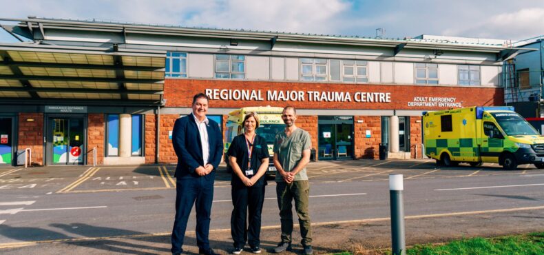 Steve Turner with Alcohol Care Team Coordinator, Jessica Beck and Consultant Vascular Surgeon, Barney Green, outside James Cook Hospital A&E